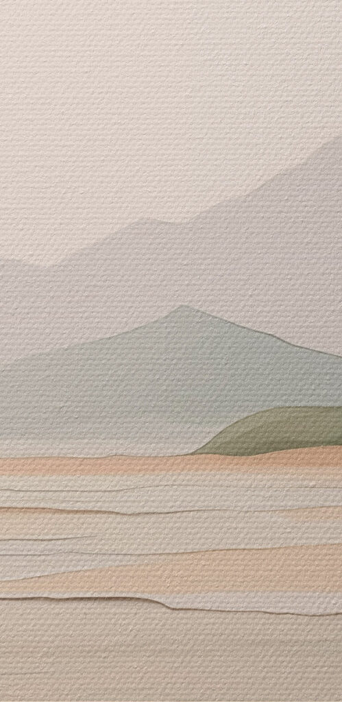 Screenshot of a painting of a beach and mountains