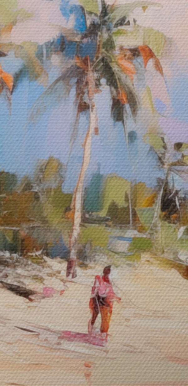 Painting of a beach and palm trees