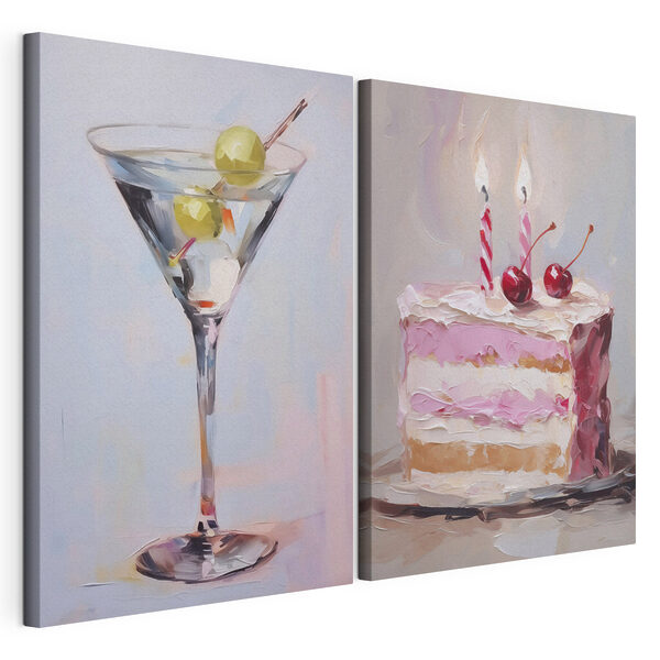 Moduláris vászonnyomat Egy torta és egy gyümölcsökkel díszített martini-pohár ábrázolása