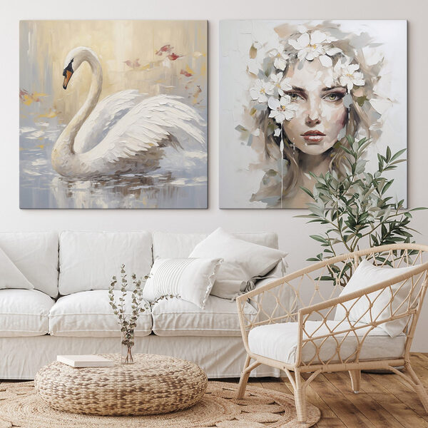 Painting of a woman with flowers in her hair and a swan
