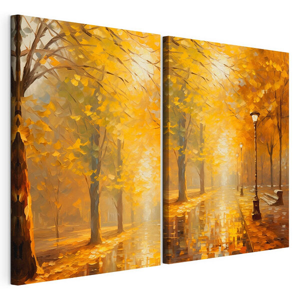 Painting of a street with trees and a lamp post
