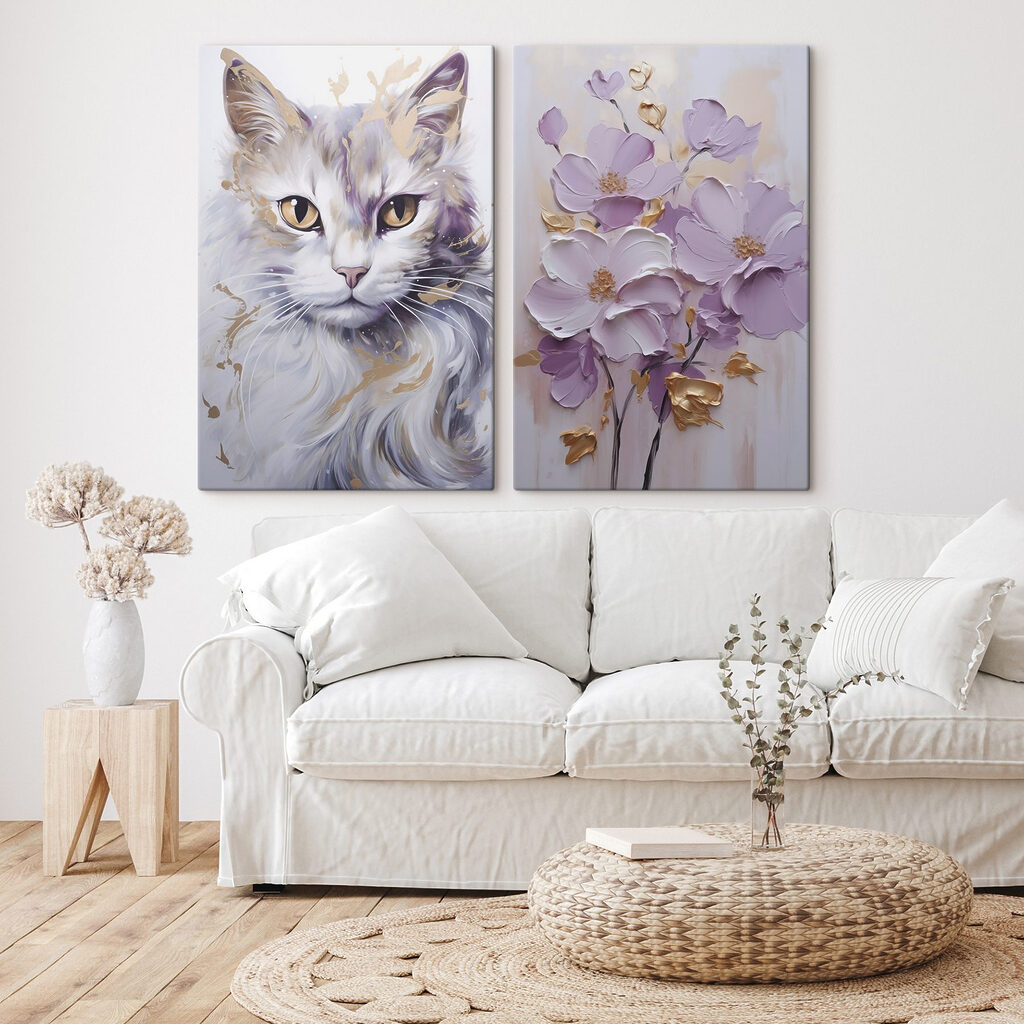 Painting of a cat and a painting of flowers