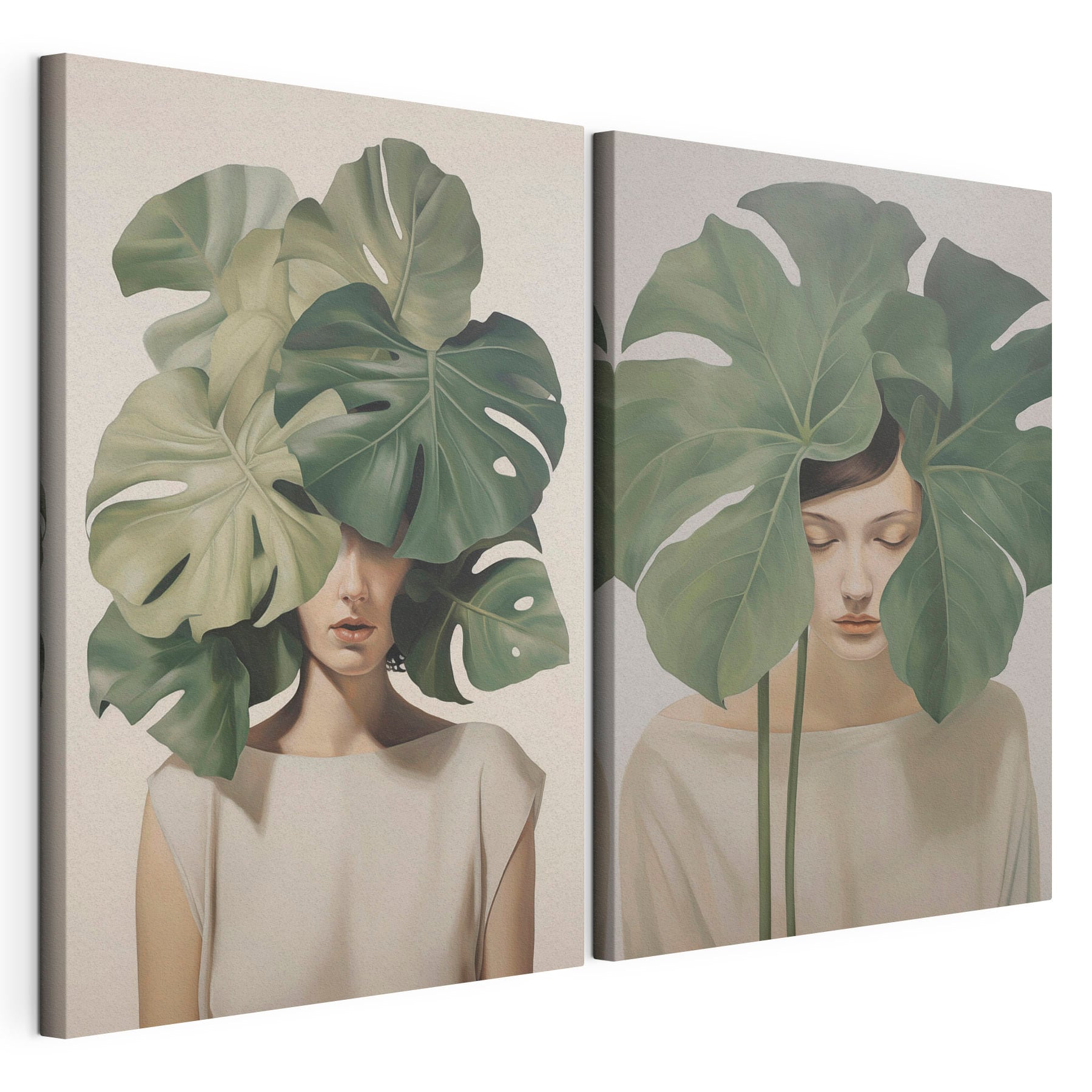 Two images of a woman with leaves on her head