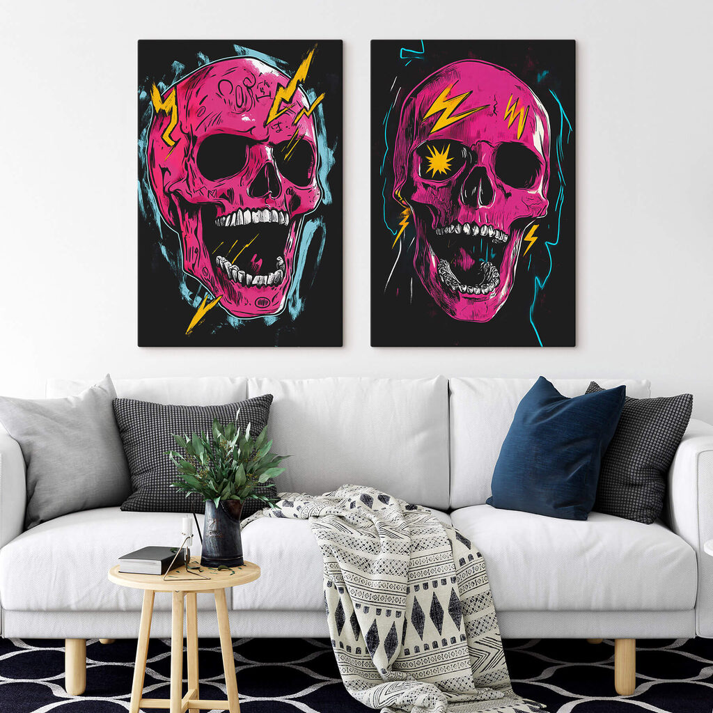 Collage of a pink skull with lightning bolts