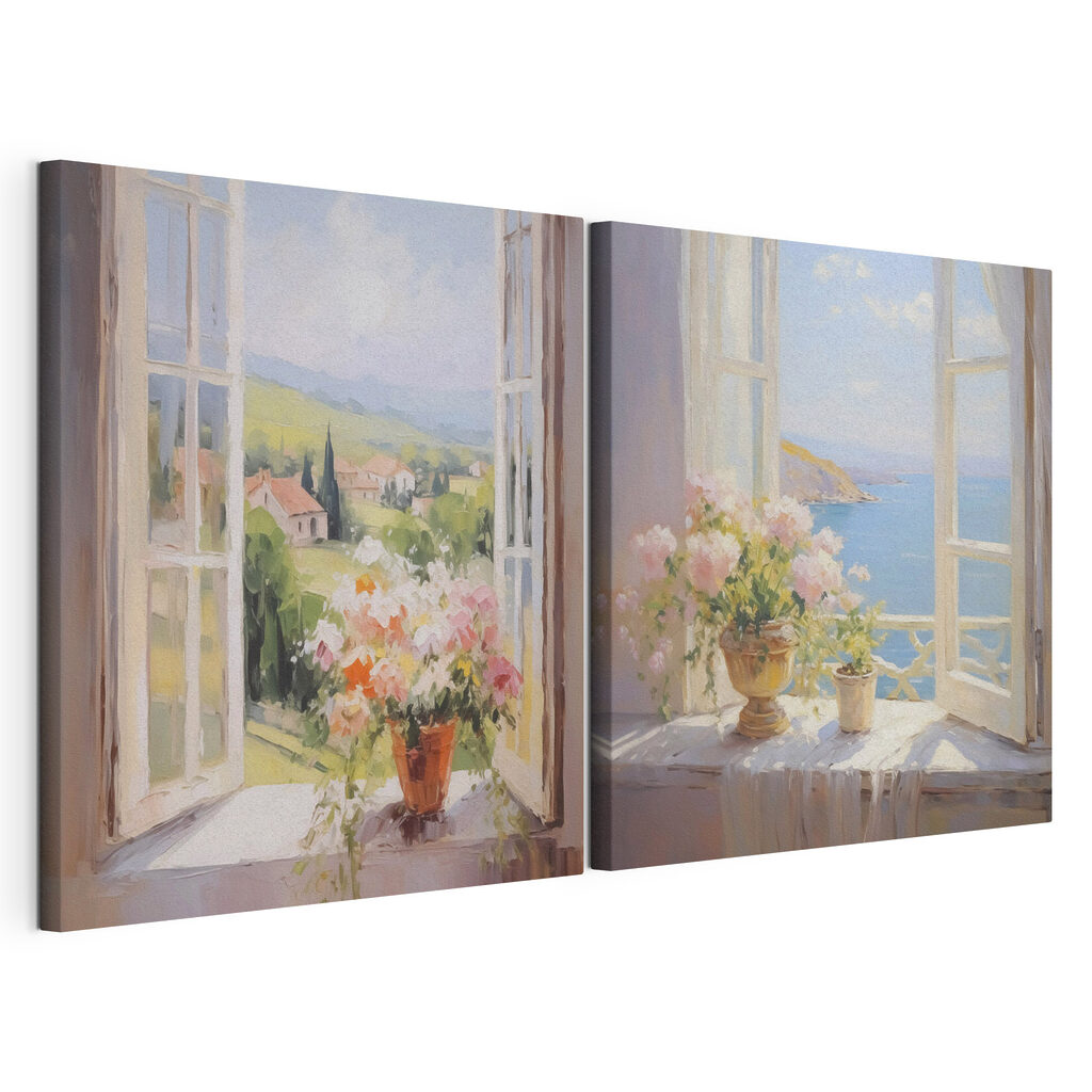 Painting of flowers on a window sill
