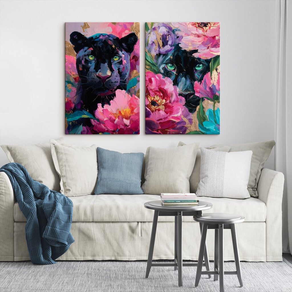 Painting of a panther and a panther with flowers