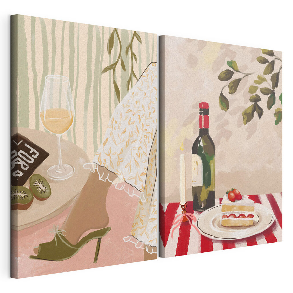 Painting of a woman's feet and a cake on a table