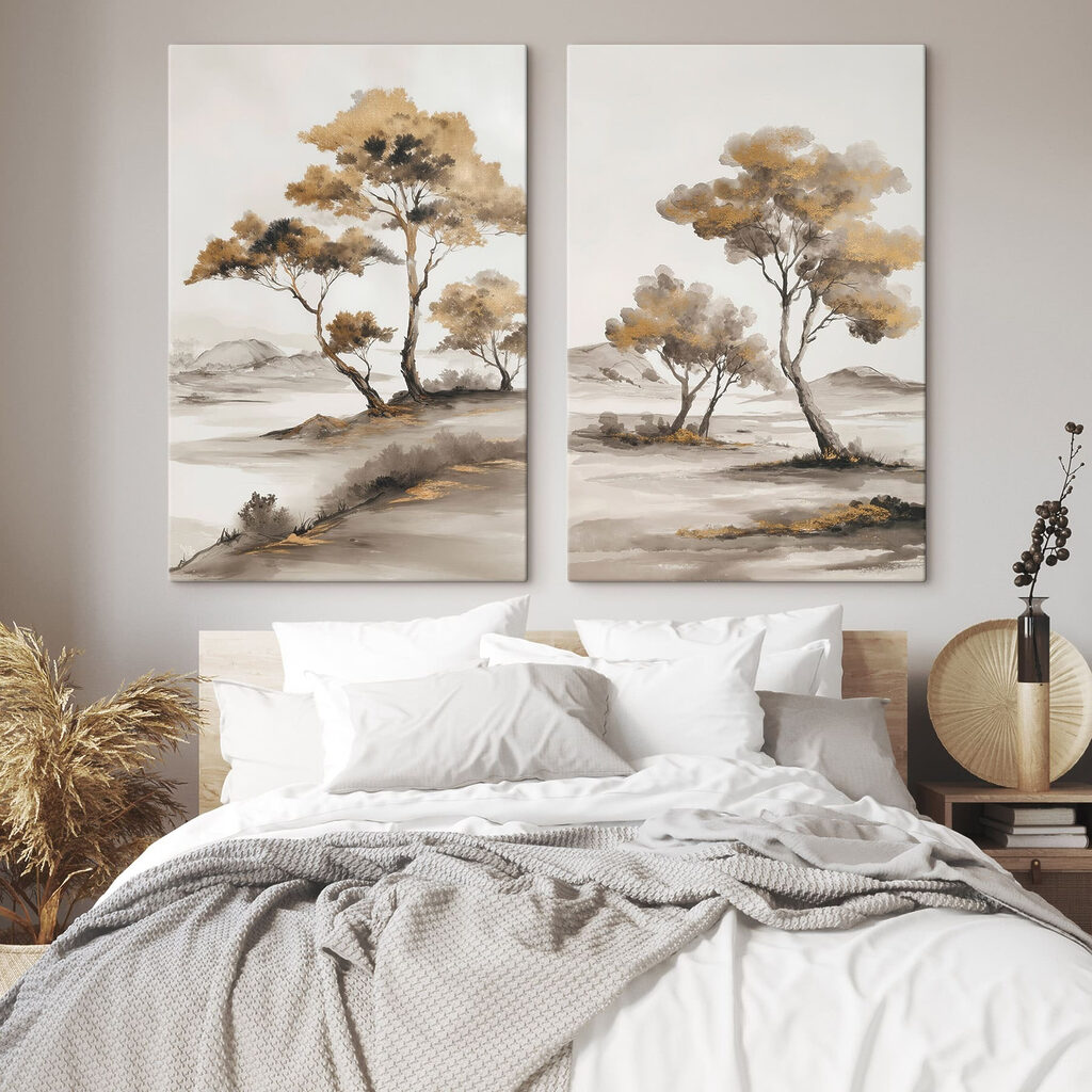 Painting of trees in a desert