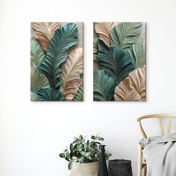 Green and beige leaves composition art