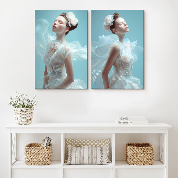 Collage of a woman in a white dress