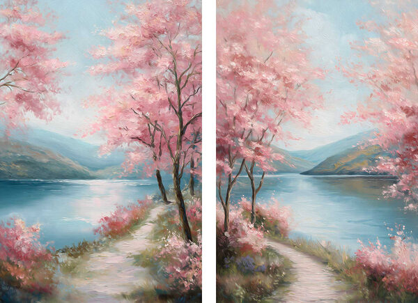 Painting of a path by a lake with pink flowers