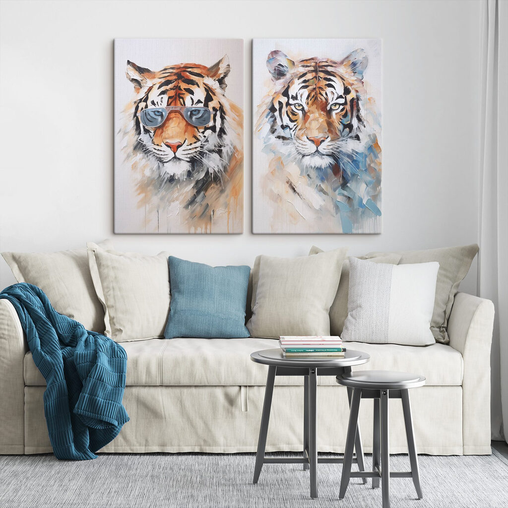 Two pictures of tigers wearing sunglasses