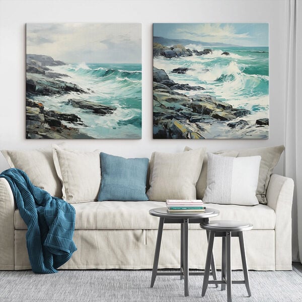 Painting of waves crashing on rocks