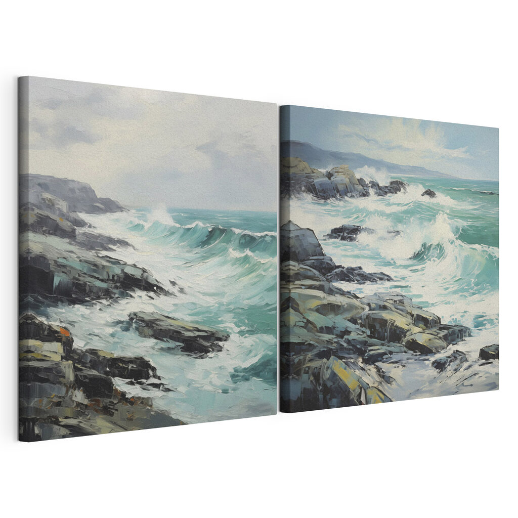 Painting of waves crashing on rocks
