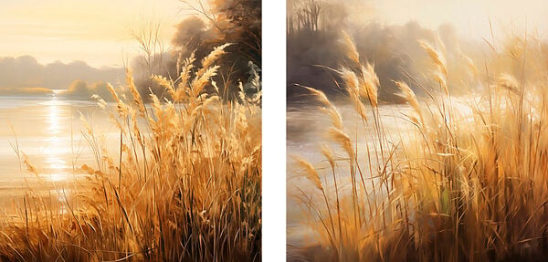 Painting of a river and a field of grass