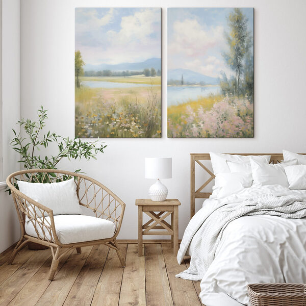 Painting of a landscape with a river and a field of flowers