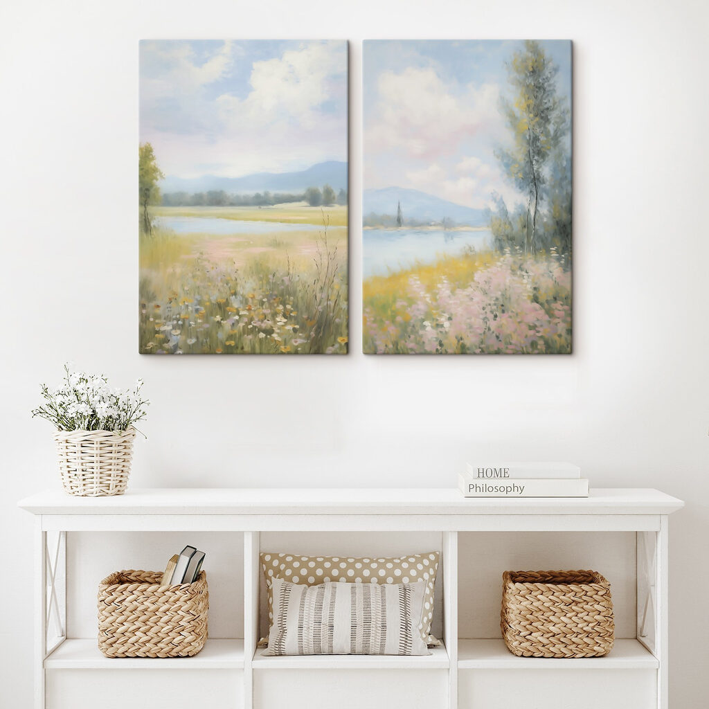 Painting of a landscape with a river and a field of flowers