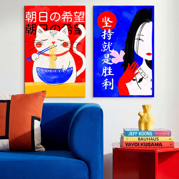 Two posters of a cat and a woman