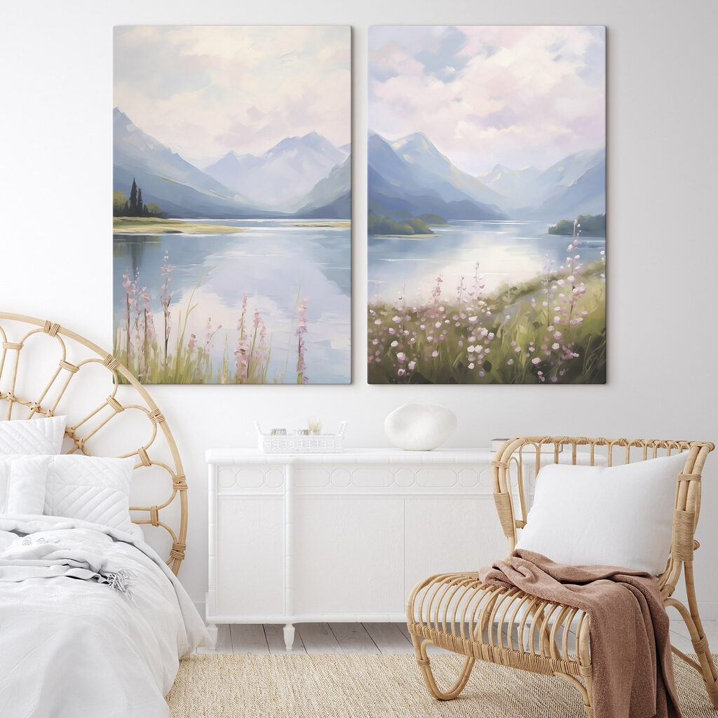 Painting of a lake and mountains