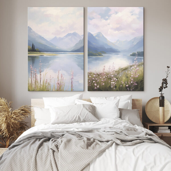 Painting of a lake and mountains