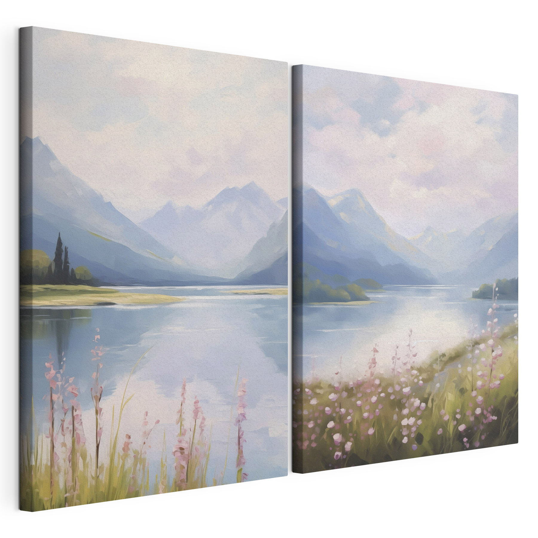 Painting of a lake and mountains