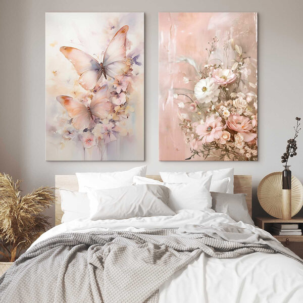 Two paintings of flowers and butterflies