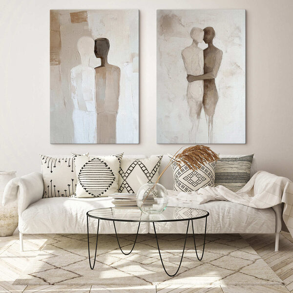 Two paintings of people hugging each other