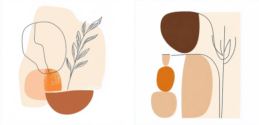 Couple of paintings of a woman and a plant