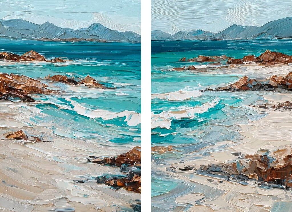 Painting of a beach with waves and rocks