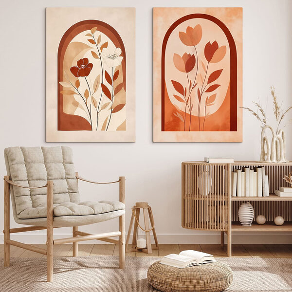Two paintings of flowers and leaves