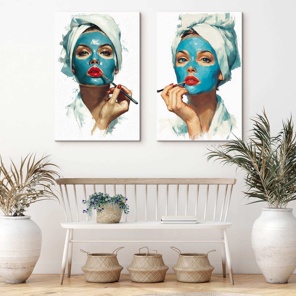 Collage of a woman applying a blue mask