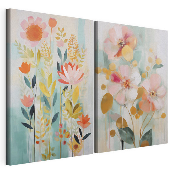 Two paintings of flowers and leaves