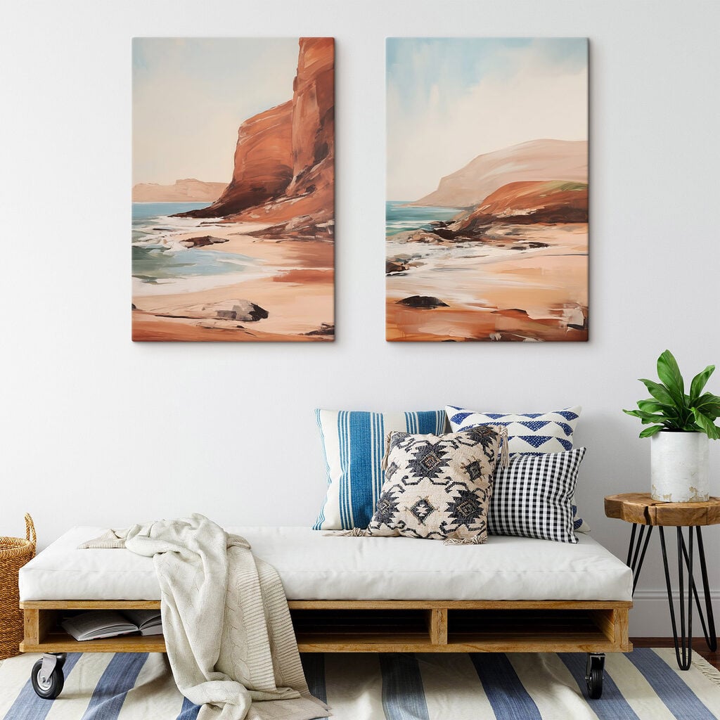 Painting of a beach and a rocky cliff
