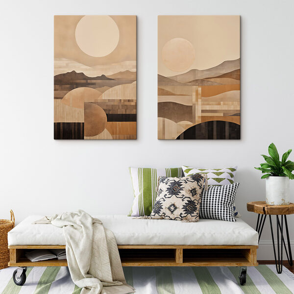 Painting of hills and sun