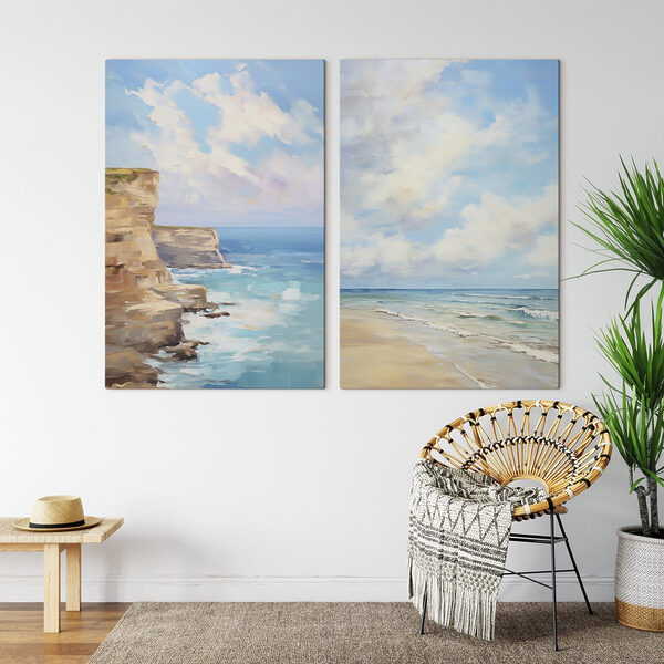 Painting of a beach and a cliff