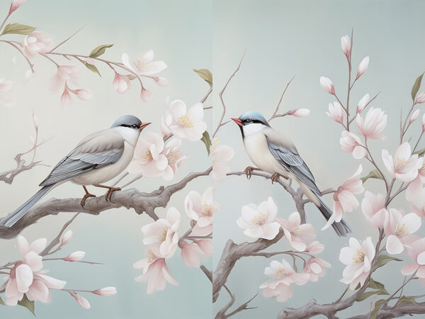 Couple of birds on a branch with flowers
