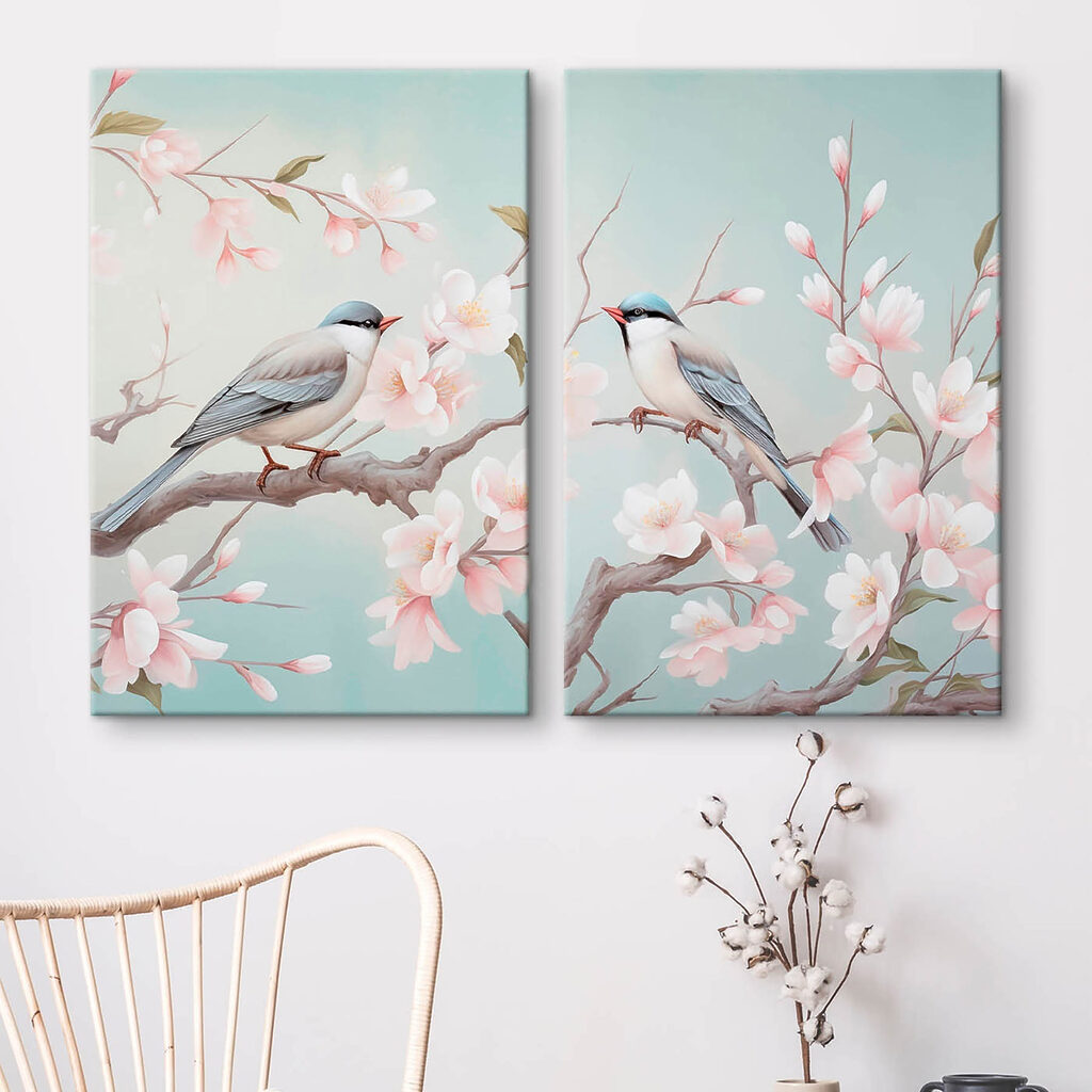 Couple of birds on a branch with flowers