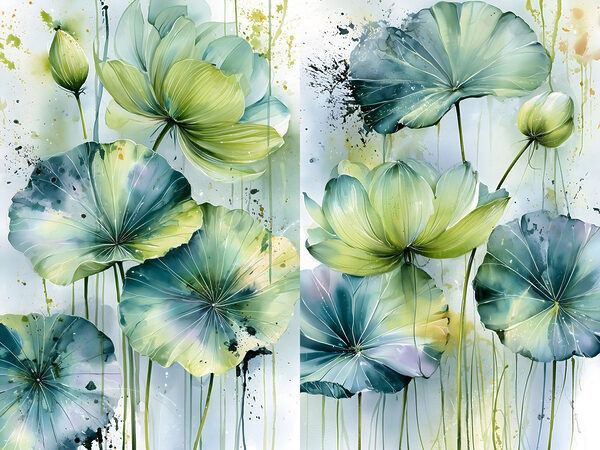 Painting of flowers with green leaves