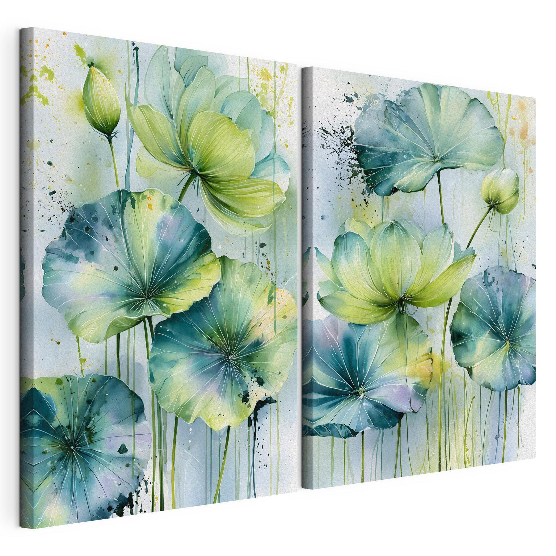 Painting of flowers with green leaves
