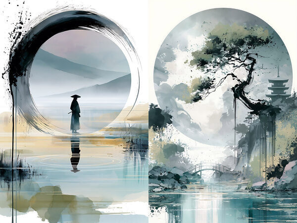 Painting of a man standing in water and a tree