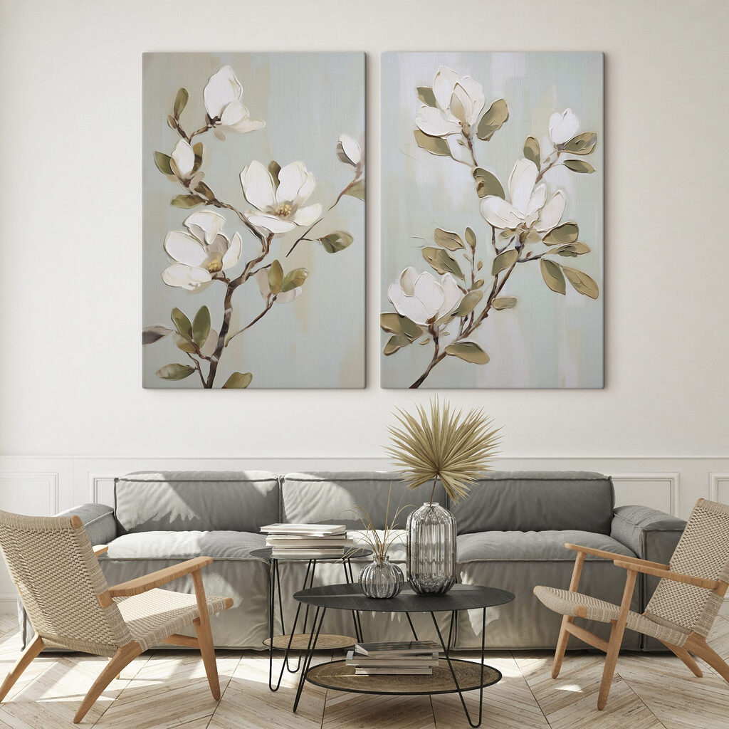Painting of flowers on a branch