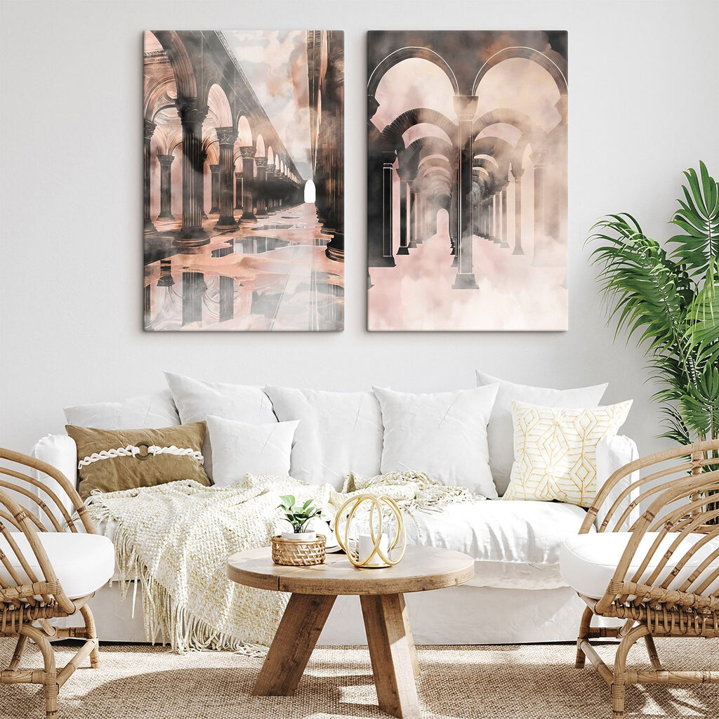 Collage of a hallway with columns and a puddle of water