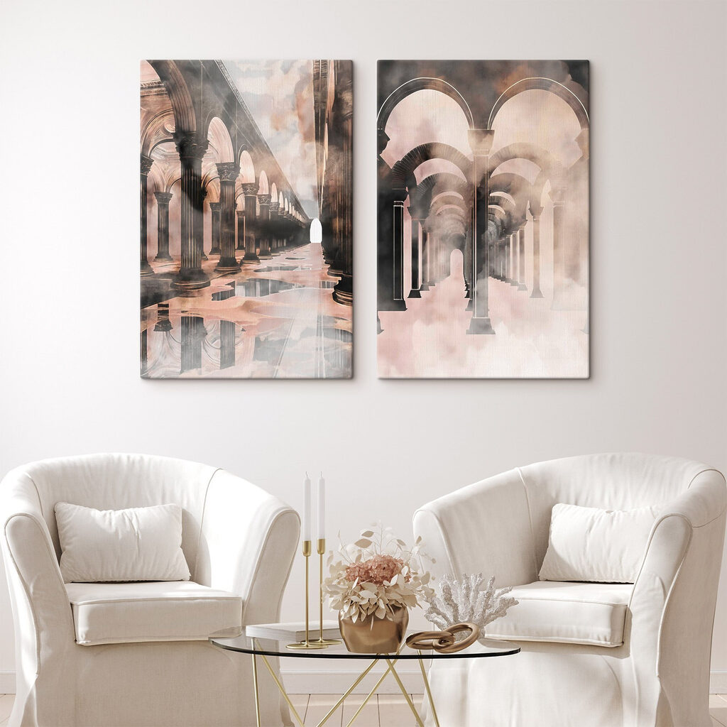 Collage of a hallway with columns and a puddle of water