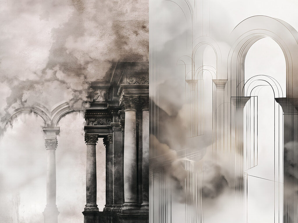 Collage of a building with columns and smoke