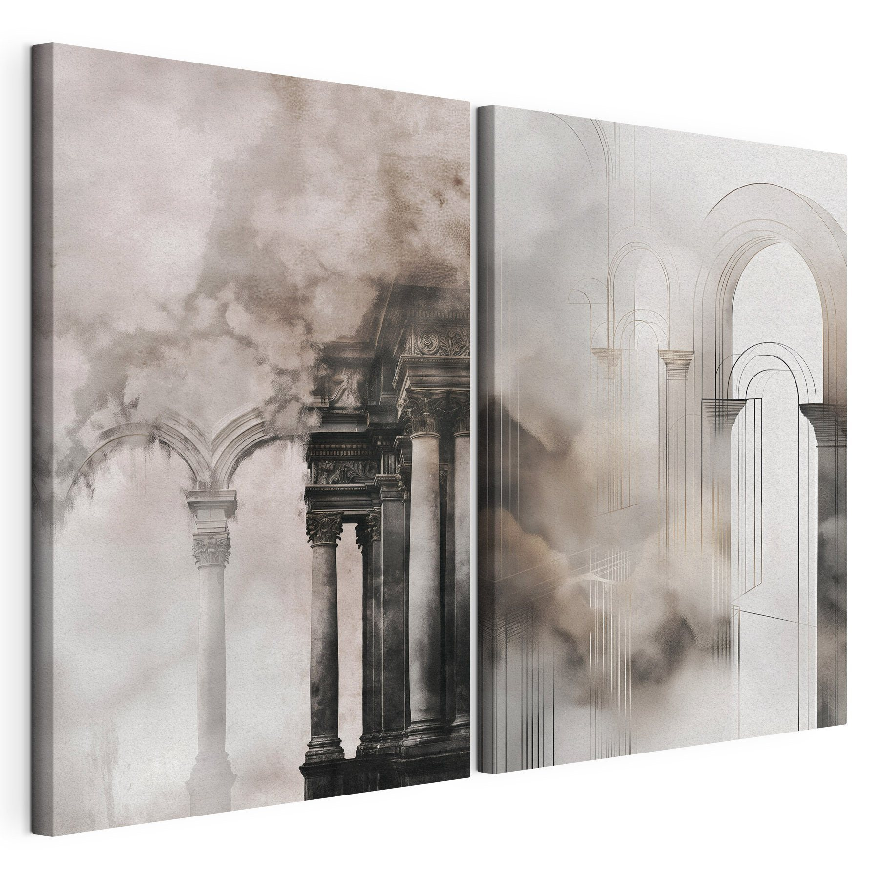 Collage of a building with columns and smoke