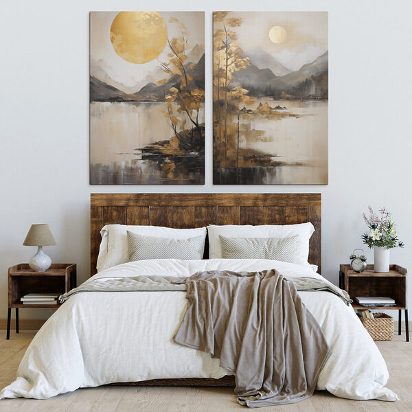 Painting of a landscape with a moon and mountains