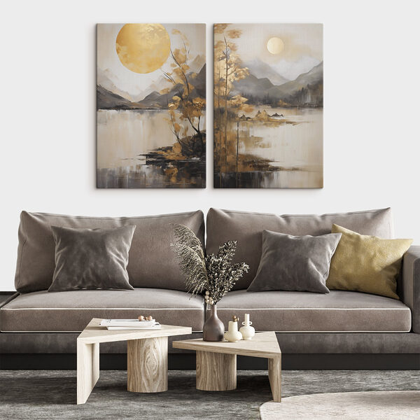 Painting of a landscape with a moon and mountains