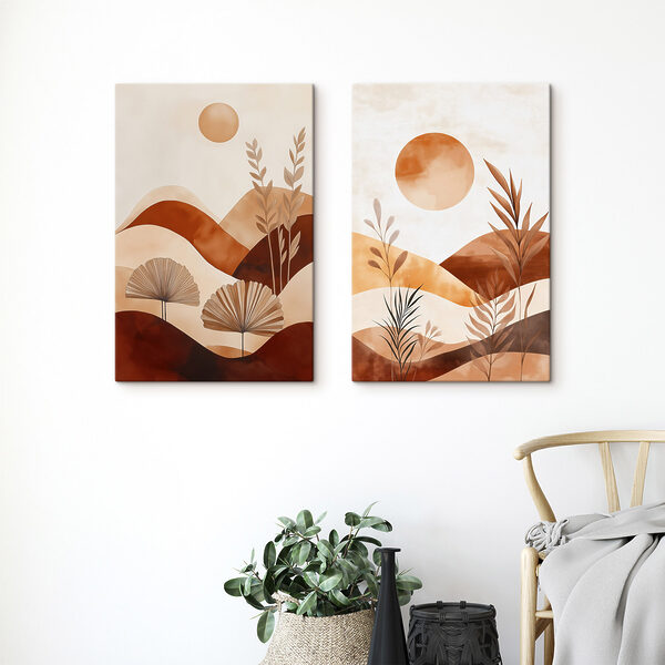 Painting of a landscape with plants and sun