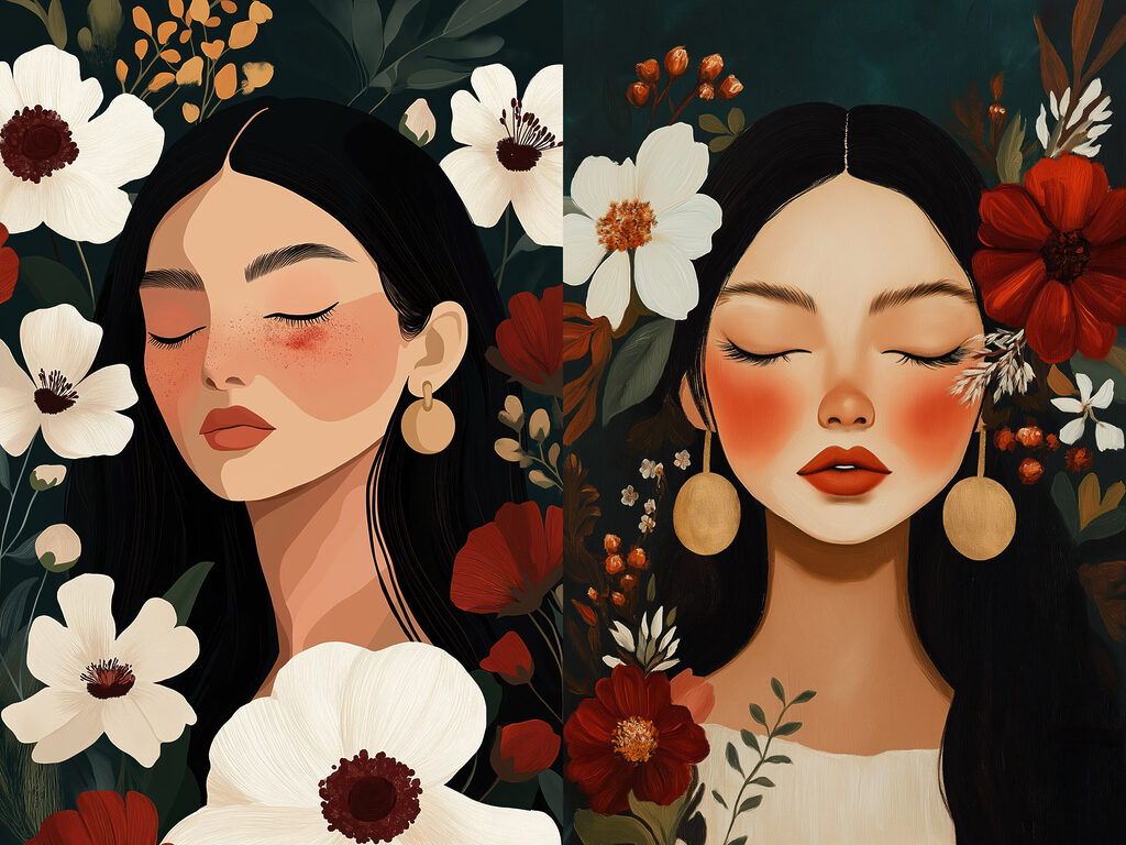 Dreamy faces among vibrant blooms