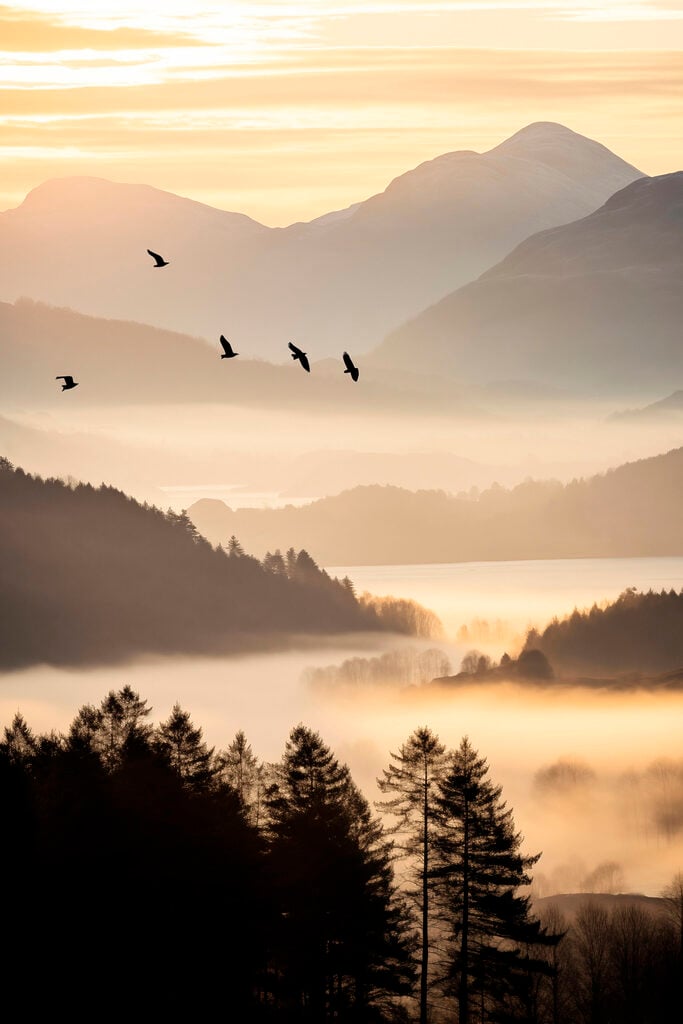 Birds flying over a valley with mountains and fog